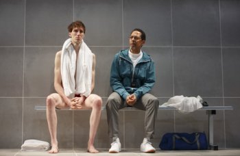 Alex Breaux and Peter Jay Fernandez in a scene from “Red Speedo” (Photo credit: Joan Marcus)